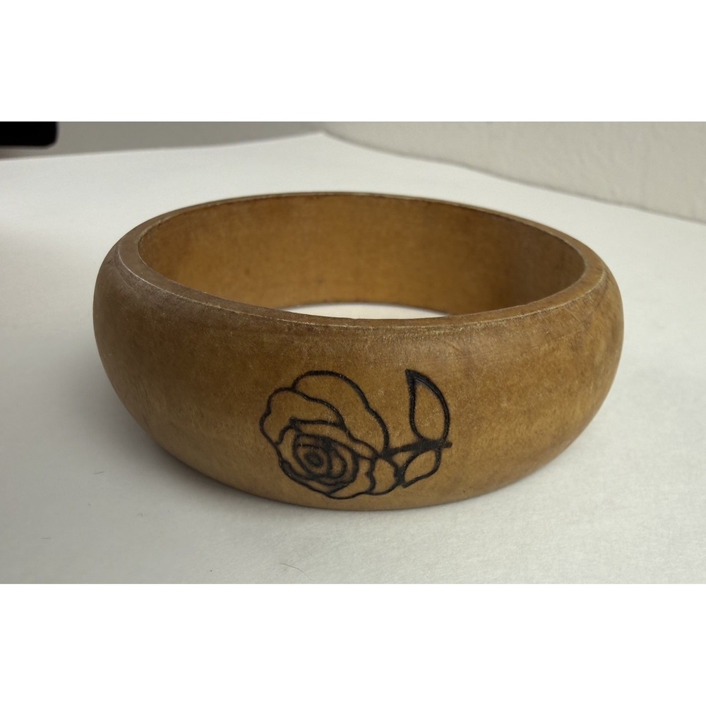 Vintage Chunky Wood Bangle Bracelet Wood Burned Rose Floral Boho Statement Artsy